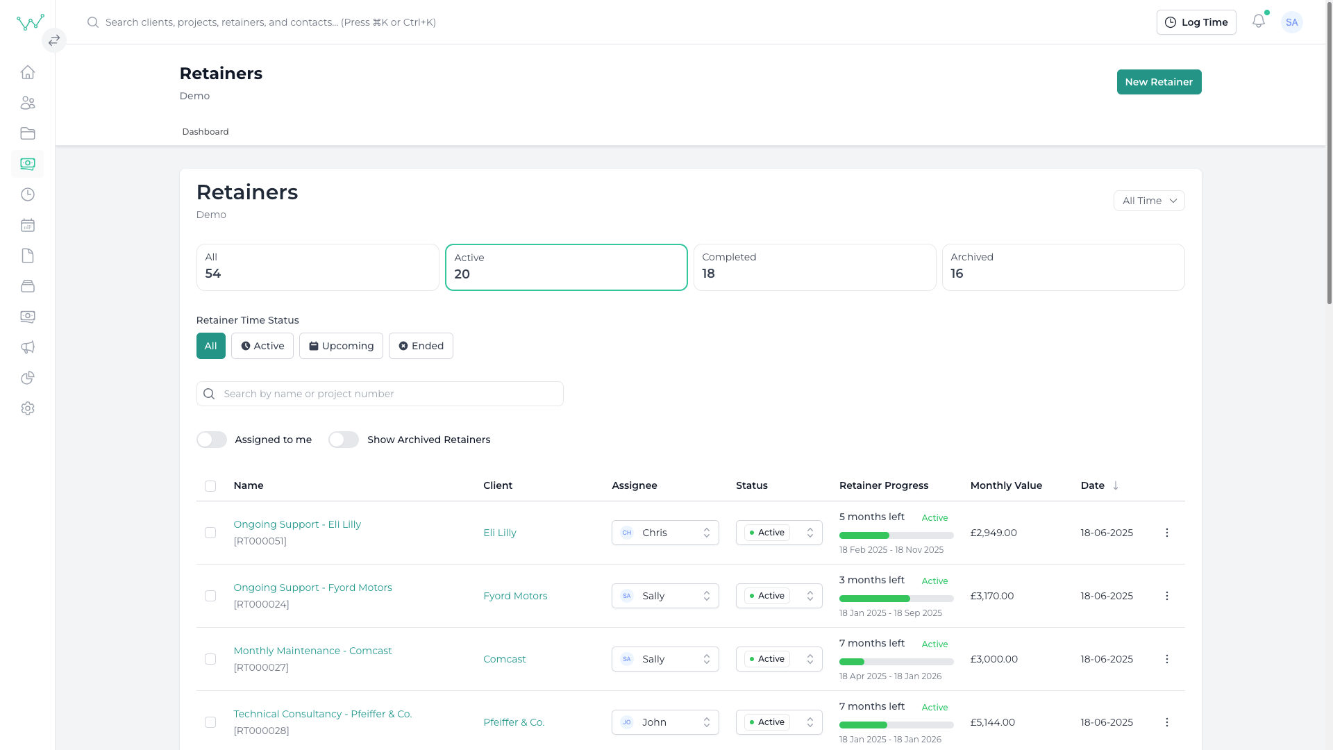 Wisdom Retainer Management interface